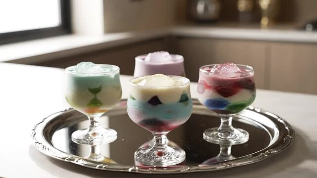 Colorful layered dessert drinks with ice served on a silver platter in a kitchen setting