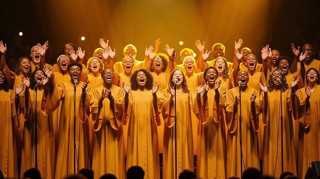 Gospel Choir Performing Live on Stage with Golden Robes and Bright Lighting.