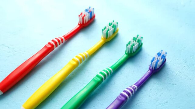 Colorful toothbrushes arranged diagonally on a light blue surface to promote dental hygiene