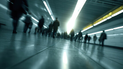 Fototapeta premium Professional Cinematic Depiction of Morning Rush Hour in Urban Subway Station with Blurred Crowds and Dynamic Lighting Effects