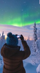 Person photographing a vibrant aurora borealis over a snowy forest
