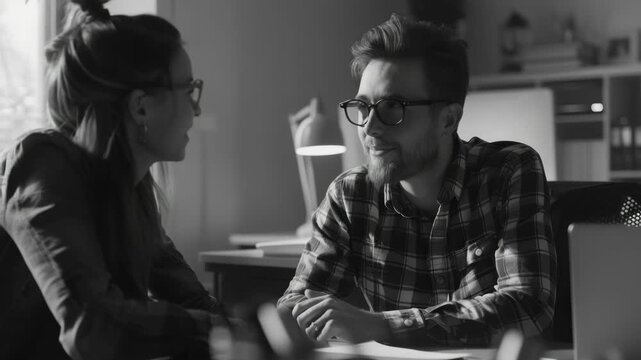 Two colleagues engaged in a pleasant discussion in an office setting.