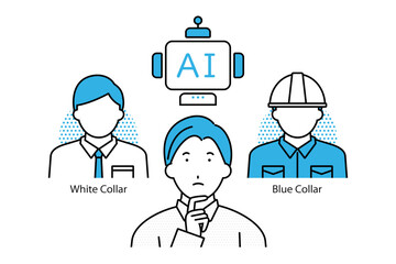 AIが進化し続ける状況下でホワイトカラーとブルーカラーのどちらの職業に就くかを迷う若い男性のイラスト