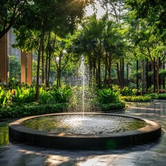 Tranquil Garden Fountain Surrounded by Lush Greenery