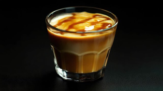 A tempting caramel frappe coffee drink with a foamy top and a drizzle of caramel syrup, served in a clear glass.