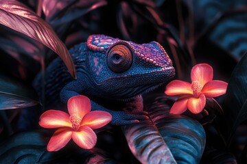 Vibrant Lizard Among Exotic Flowers in Lush Greenery