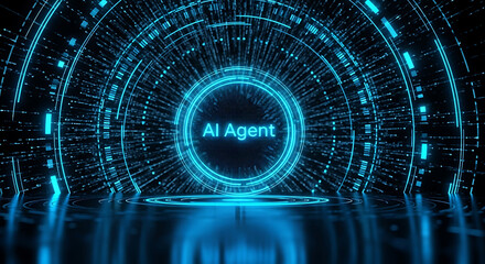 Obraz premium glowing blue ai agent interface in a futuristic digital data tunnel representing advanced machine learning and technological innovation.