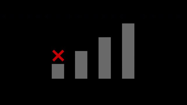 Signal strength animation decreasing until empty, with a red cross symbol appearing to indicate connection loss, no service, and wireless communication failure