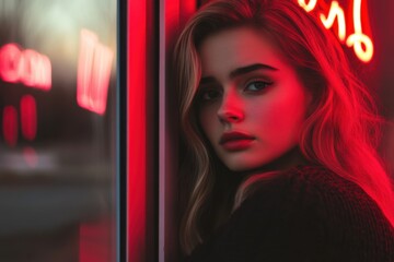 Woman Illuminated by Neon Lights at Dusk