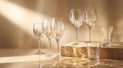 Luxury Glassware with Sparkling Reflections on Champagne Gold Background