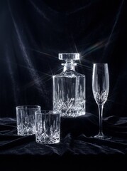 Luxury Crystal Glassware on Black Background with Dramatic Reflections