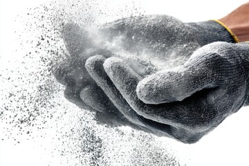 Worker's gloved hands shaking off cement dust