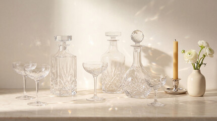 Elegant Luxury Crystal Glassware on Ivory Background with Soft Light