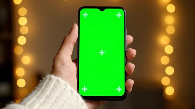 Hand holding a modern smartphone featuring a vivid green screen display, ideal for digital content insertion and application mockups, set against a warmly blurred background