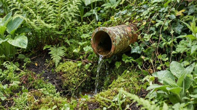 Fresh water flows from rustic clay pipe in lush green garden