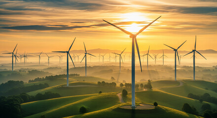 wind turbine farm in a hilly landscape at sunset.
