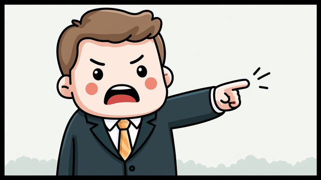 Cartoonish Authority: A stern businessman, animated in a cartoon style, emphatically points with a commanding expression, highlighting his authority and determination.
