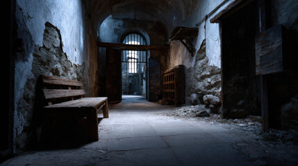 Fototapeta premium Abandoned and Decayed Prison Environment with Flickering Light and Crumbling Walls in an Isolated Space
