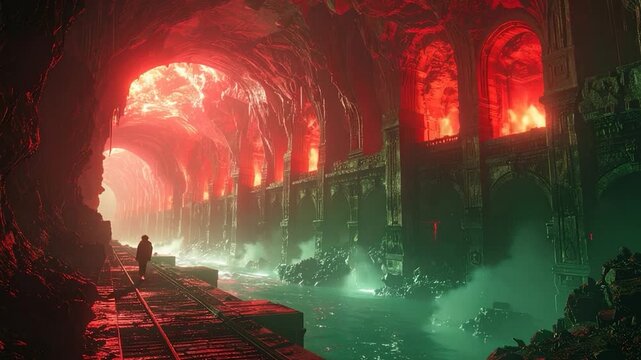 Lone figure walks through a cavern lit by hellish red fire