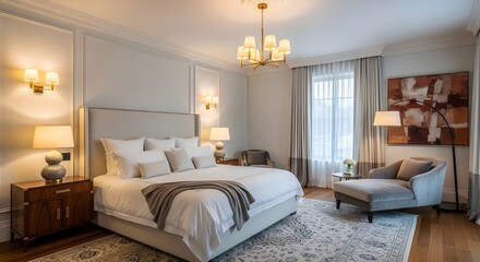 Sophisticated neutral bedroom interior with upholstered beige bed, layered pillows, gold chandelier, abstract brown artwork, arc floor lamp, sheer curtains, side tables, and panoramic city view.
