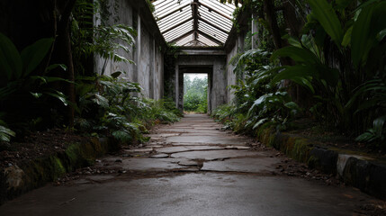 Obraz premium Abandoned Jungle Aviary Ruins with Lush Greenery and Cracked Pathway in an Overgrown Environment