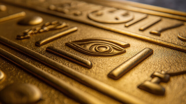 Detailed Close-up of Ancient Egyptian Gold Relic with Intricate Hieroglyphs and Symbolism in Fine Art Style
