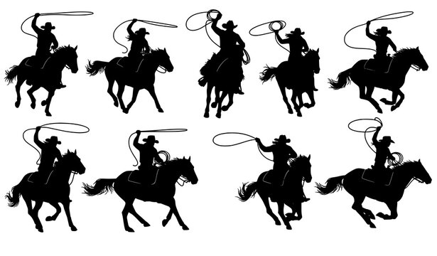 Wild west cowboy and cowgirl galloping horse black silhouette icons set isolated on white background