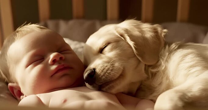 Golden Retriever Cuddling Baby Sleeping In Bed