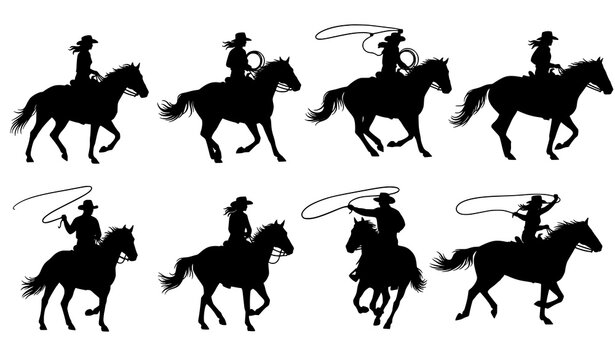 Cowboy and cowgirl riding horse black silhouettes set with western lasso action isolated on white background