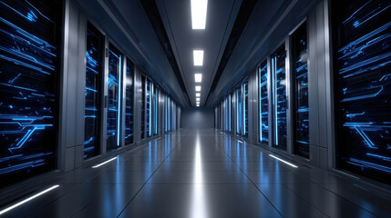 Fototapeta premium Illuminated Blue Circuit Interior in Modern Data Center with Sleek Surfaces and Advanced Technology Aisles for High-Tech Environment