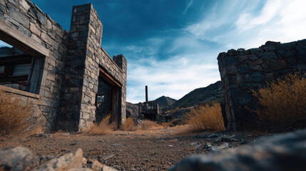 Ultra Realistic Photography of Abandoned Mine Ruins in a Serene Valley Setting with Natural Elements and Dramatic Skies