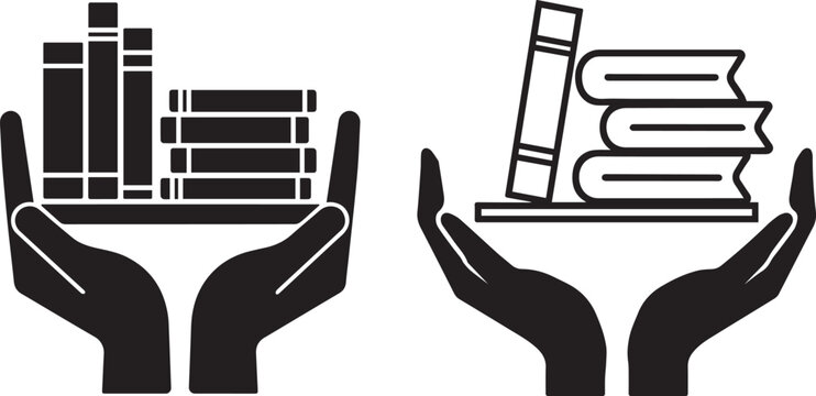 Two hands holding books vector illustrations, depicting knowledge, learning, education and support