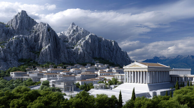 Panoramic View of an Ancient Greek City State with Grand Architecture Surrounded by Majestic Mountains and Lush Greenery in High Resolution