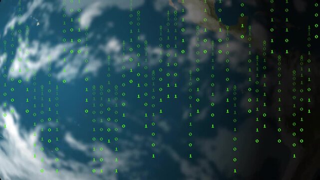 Cam zooming Earth rotating, green binary code falling and mapping clouds showing world data flow