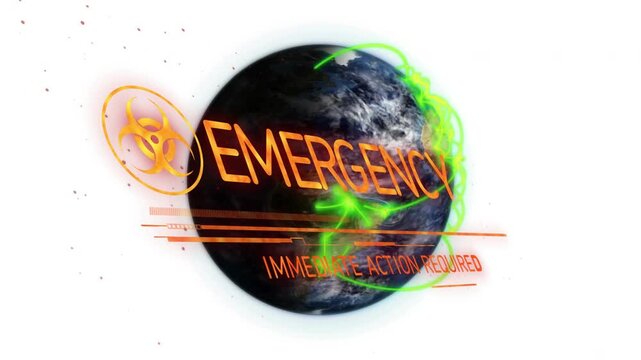 Globe popping causing biohazard HUD slide, green glow spreading, forming EMERGENCY, urging action