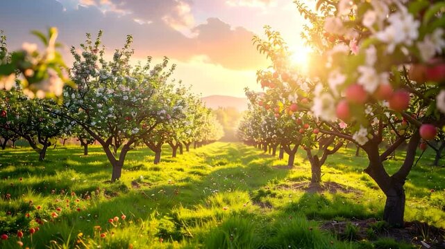 Sunlit orchard scene with rows of blossoming trees and ripe fruit