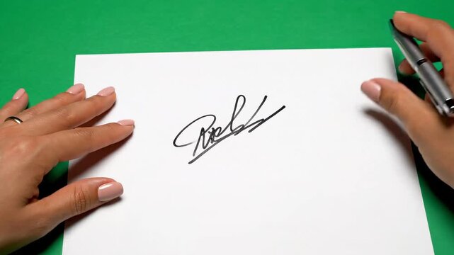 Hands signing a document with a pen on white paper, green background, mockup for contract or agreement, isolated on green