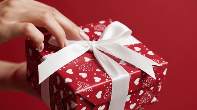 A red heartpatterned gift box is held and being untied It has a white ribbon The background is a solid red