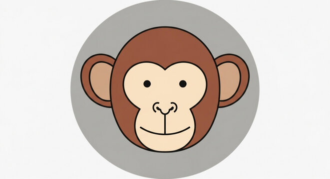Smiling monkey face in a gray circle cartoon primate illustration with brown fur and beige skin tones friendly expression