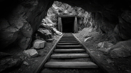 Obraz premium Abandoned Mine Entrance with Wood Steps Surrounded by Rock Formations in Ultra Realistic Fine Art Photography