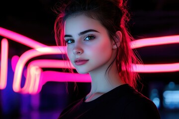 Fototapeta premium Young Woman With Neon Lights at Dusk