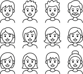 Cartoon face silhouette icons, male female happy expressions, diverse people character illustration, smiling portrait design, avatar vector artwork concept