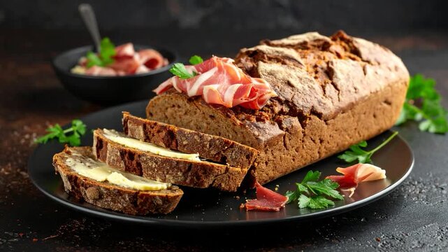 A loaf of bread with ham slices on a plate, with buttered slices