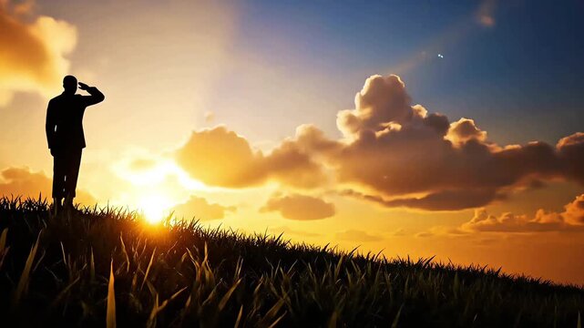 Cinematic 3D animation of a soldier silhouette saluting on a grassy ridge against a dramatic golden sunrise. Emotional patriotic concept with copy space.