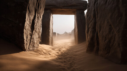 Ancient Archaeological Dig Revealing Immense Doorways Leading to Hidden Wonders in a Sandy Landscape