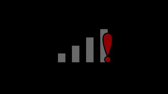Signal bar chart with no connection and a flashing red exclamation mark, representing network problems, warning alerts, and communication failure