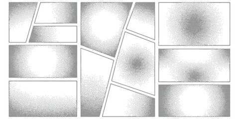 Abstract comic page layout template with multiple panels and halftone dot textures © md