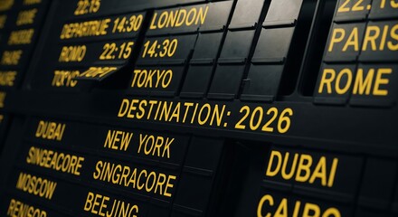 Digital departure board displaying future destination 2026 with glowing yellow text for global travel and planning