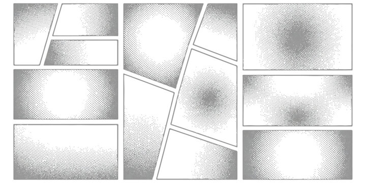 Abstract comic page layout template with multiple panels and halftone dot textures