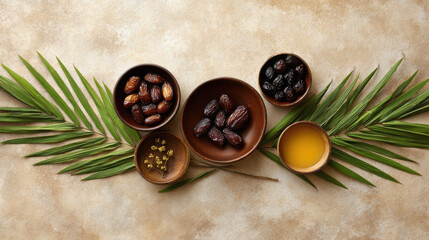 Ancient Inspired Feast Table with Natural Elements of Olive Oil, Dates, and Palm Leaves on a Decorative Background